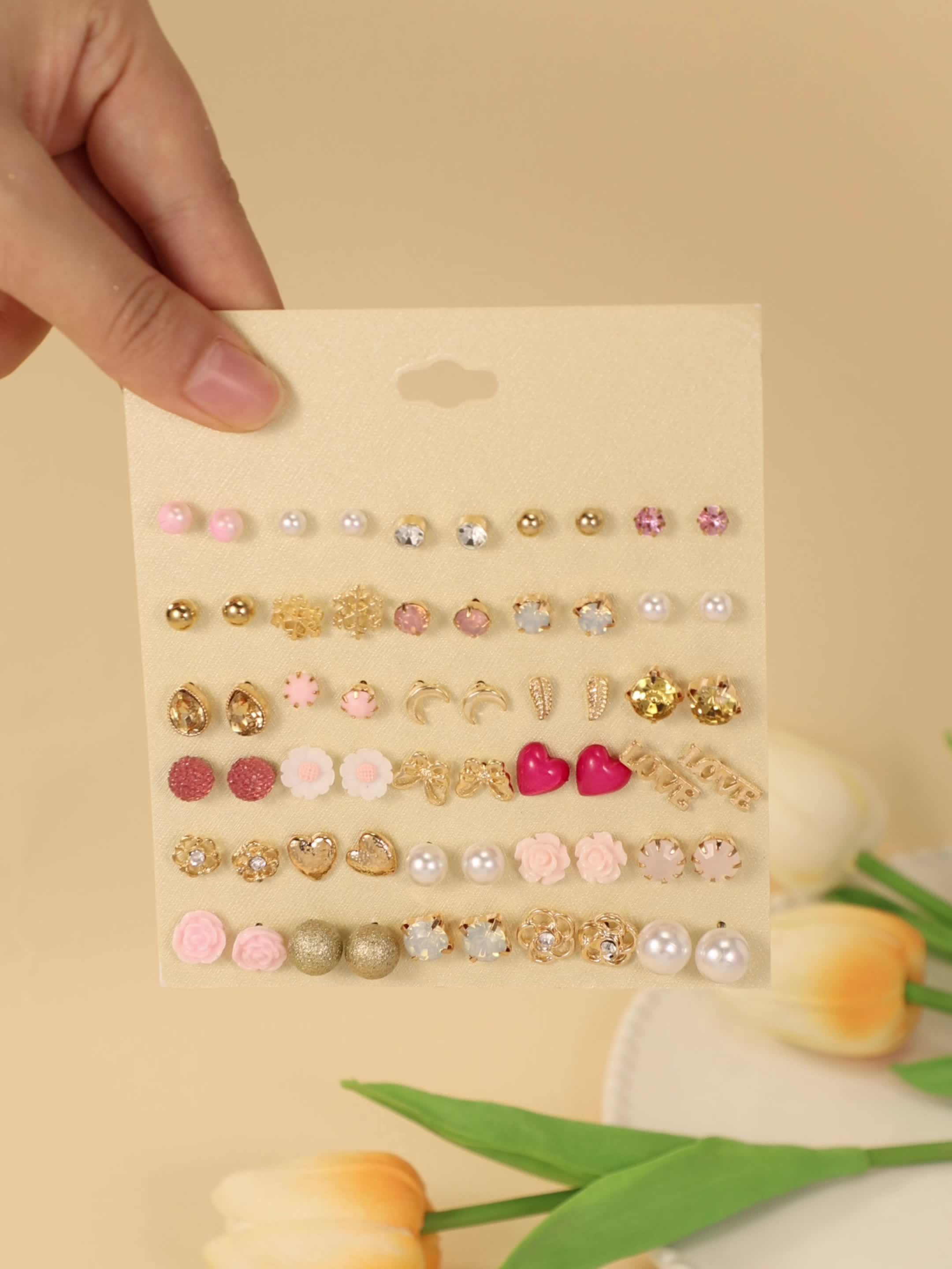 60pcs Rose Flower & Rhinestone Earrings Set, Women's Ear Studs